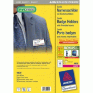AVERY 50 badges combi pince métal + épingle, format 54 x 90 mm, plastique souple transparent + 50 inserts microperforés imprimables (5 feuilles A4