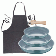 BERGNER - Lot de 3 poêles Ø18/20/24 cm en aluminium pressé recyclé vert avec poignée amovible et tablier de cuisine gris foncé 100 % coton 75x80