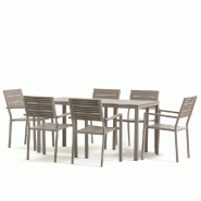 RATTATAN Set de jardin, table rectangulaire 156x78cm,6 chaises empilables avec accoudoirs,structure en acier,plateau en polypropylène(Thomas+Adele/Ch