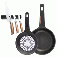 BERGNER - Jeu de Poêles Ø20/24cm en Aluminium Coulé Compatible Induction avec Jeu de 3 Couteaux en Acier Inoxydable avec Support Magnétique Mural