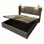 Merax lit rembourré lit double espace de rangement boîte de lit lampe de lecture avec fonction de chargement USB tête de lit, espace de rangement -