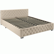 TecTake GmbH tectake Lit capitonné avec bandes LED et espace de rangement - 180 x 200 cm Aspect velours sable - beige Bois massif 406242