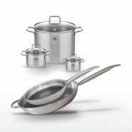 Batterie de cuisine avec 2 poêles 28/32 cm et 3 faitouts 12/16/26 cm en inox et sans PFAS Elo Collection Relief Solution Citrin - gris 3176239940169_0