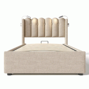Merax Lit rembourré , lit coffre hydraulique avec liseuse et fonction de chargement 90x200cm, lin, naturel - beige multi-matériau AB20293334N