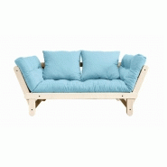 BANQUETTE MÉRIDIENNE FUTON BEAT PIN NATUREL TISSU BLEU CLAIR COUCHAGE 75*200 CM.