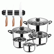 BERGNER - Batterie de cuisine 8pcs 16/18/20/24/28cm en acier inoxydable compatible induction avec Ensemble de 3 Couteaux avec Support magnétique mura
