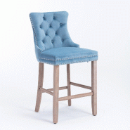 Merax Lot de 2 chaises de bar , velours bleu clair, pieds en bois de couleur naturelle, avec anneau de poignée et rivets, rembourrées, tabouret de b