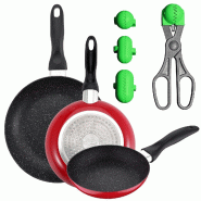 San Ignacio Navy Red - Jeu de 3 Poêles 16/20/24 cm avec Ustensiles pour Croquettes Verts - PK4798
