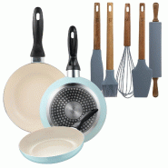 BERGNER - Jeu de 3 poêles Ø16/Ø20/Ø24 cm en aluminium embouti bleu ciel avec set de 5 ustensiles de cuisine en silicone et bois - aluminium PK9399_0