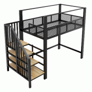 Merax lit mezzanine métal 90x200 cm, escalier avec rangements, espace bureau sous le lit, barrière, noir - noir métal LDB00617AAB