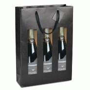Sac 3 bouteilles kraft vergé noir fenetres et poignées coton 27+9x38cm par 10