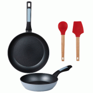 BERGNER - Jeu de 2 poêles Ø20/26 cm en aluminium pressé compatible induction avec jeu de 2 ustensiles de cuisine EXCALIBUR - PK9525