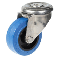 Roulette pivotante de 80 mm en acier inoxydable avec caoutchouc élastique bleu sur roue centrale en nylon Roulette pivotante de 80 mm en acier inoxydable avec caoutchouc élastique bleu sur roue centrale en nylon