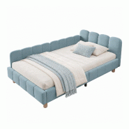 Merax Lit rembourré 90 x 200 cm avec tête de lit rembourrée, protection antichute, accoudoirs flexibles et pieds en bois d'hévéa, bleu velours -