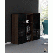 Armoire bibliothèque avec portes battantes brillantes - MDD - Blanc brillant, Sycomore clair