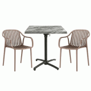 Table extérieure marbre 60x60 cm pied t-one pliable avec 2 fauteuils salou - tigaone - 3701680324901