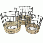 Panier métal et osier 33x28 - 28x24 - 23x20 cm - par 3