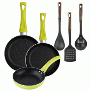 BERGNER - Ensemble de 3 poêles Ø20/Ø24/Ø28 cm en aluminium embouti Molen Vert avec ensemble de 3 ustensiles de cuisine en PBT noir et cuivre - alu