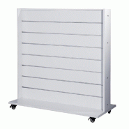 Gondole double face blanche - L.120xP.60xH.130cm - base stable avec roulettes et 7 rainures par face