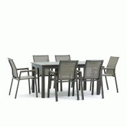 RATTATAN Ensemble repas d’extérieur, table extensible en aluminium 150/210x90 cm, 6 chaises empilables en textilène et polywood effet bois Alvaro