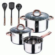 BERGNER - Batterie de cuisine de 5 pièces Ø16/18/20cm en acier inoxydable compatible induction avec set de 3 ustensiles de cuisine en PBT - multi-ma