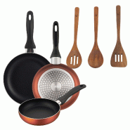 BERGNER - Set de 3 Poêles Ø16/20/24cm en Aluminium Pressé Cuivre Métallisé avec Set 3Pc Ustensiles Cuisine Bois Acacia - PK9899