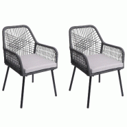 Décoshop26 - Lot de 2 chaises de jardin motif graphique aéré en aluminium anthracite corde tressée et coussins gris inclus 04_0009695 - gris alumi