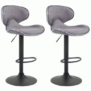 Décoshop26 - Lot de 2 tabourets de bar sièges modernes aux lignes ondulées en tissu gris clair pied trompette métal noir 10_0006351 - gris métal