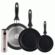 BERGNER - Set de 3 poêles 16/20/24 en aluminium embouti Couleur Noire avec Vaporisateur d'Huile/Vinaigre Ø4x17,5 cm en Acier Inoxydable - PK9954