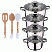 BERGNER - Batterie de cuisine DINA 8 pcs 16/18/20/24cm en acier inoxydable compatible induction avec set de 3 ustensiles en silicone et bois - multi-m