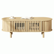 Merax Table basse ovale  100 x 40 x 38 cm avec 2 portes à lattes, porte coulissante avec store enrouleur et pieds en bois massif - multi-matériau N6