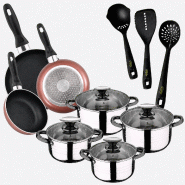 San Ignacio - Batterie de Cuisine Dina 8 pièces en Acier Inoxydable avec 3 Poêles Navy Paradise Ø16/20/24 cm et Set de 3 Ustensiles de Cuisine - PK