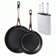 BERGNER - Jeu de 2 Poêles Ø20/24 cm en Aluminium Forgé Noir Mat avec Jeu de 3 Couteaux en Acier Inoxydable avec Bloc - PK9543
