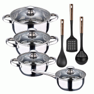 BERGNER - Batterie de Cuisine 7 Pièces fabriquée en Acier Inoxydable compatible induction avec set de 3 ustensiles de cuisine en PBT noir et cuivre