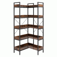 COSTWAY Bibliothèque d’angle en L sur 5 niveaux, cadre en acier solide, charge jusqu’à 200 kg, gain de place, 72x69x167 cm, marron - marron Bois