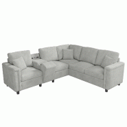 Merax Canapé d'angle 5 places, canapé en L avec console de rangement, porte-gobelets, USB/USB-C & liseuse, 235 x 208 x 83 cm, Gris Chenille - gris m
