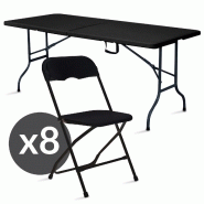 Table noire et chaises pliantes noires 8 places 180cm pehd