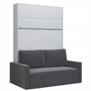 ARMOIRE LIT ESCAMOTABLE DJUKE SOFA BLANC BANDEAU BLANC MAT CANAPÉ GRIS 140*200 CM