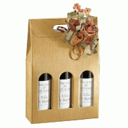 Boite 3 bouteilles à poignée carton motif rayure or 27x9x34cm - par 30