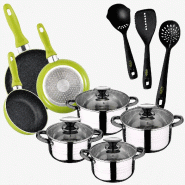San Ignacio - Batterie de Cuisine Dina 8 pièces en Acier Inoxydable avec 3 Poêles Molen Ø20/24/28 cm et Set de 3 Ustensiles de Cuisine - PK11107