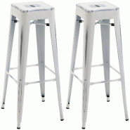 Décoshop26 - Lot de 2 tabourets de bar hauteur 76 cm design industriel structure robuste à quatre pieds métal blanc effet vieilli 10_0006096 - blan