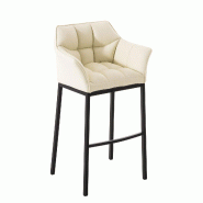 Décoshop26 - Tabouret de bar chaise haute de comptoir couture carrées assise en PVC crème 4 pieds stables en métal noir 10_0004685 - beige métal