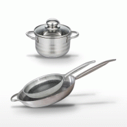 Batterie de cuisine avec 2 poêles 28/32 cm et 1 faitout 12 cm en inox sans PFAS Elo Collection Relief Solution Brillant - gris 3176239941043