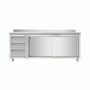 Skyrainbow Armoire de travail avec portes coulissantes et bloc de tiroirs à gauche, avec rebord, 2000 x 700 - inox THASR207L3A