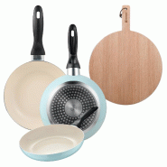 BERGNER - Ensemble de 3 poêles Ø16/Ø20/Ø24 cm en aluminium embouti bleu ciel avec planche à découper ronde 38 × 28 × 1,5 cm en bois de hêtre - PK9407