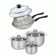 Batterie de cuisine avec 2 poêles 24/28 cm et 3 faitouts 16/20/24 cm sans PFAS Fackelmann Généva Brillant avec couvercles - gris inox 3176239935547