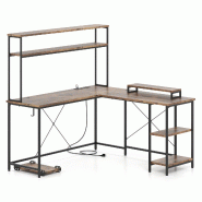 Helloshop26 - Bureau d'ordinateur en L 145 x 145 x 147 cm avec bande LED et prises de courant design scandinave en bois MDF marron 20_0010875 - marron