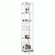 K-Möbel vitrine en verre blanc (176x37x33cm) avec 4 étagères en verre réglables en hauteur, miroir, serrure, LED - modèle de voiture vitrine d'ar