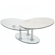 TABLE BASSE DOUBLE CÉRAMIQUE MARBLE BLANC À PLATEAUX PIVOTANTS EN VERRE