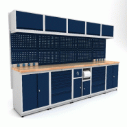 Établi d'atelier industriel 3100 mm PRACO M T26 - Plateau en hêtre massif - Éclairage LED - Tiroirs et armoire MW Tools PRAM3100T26